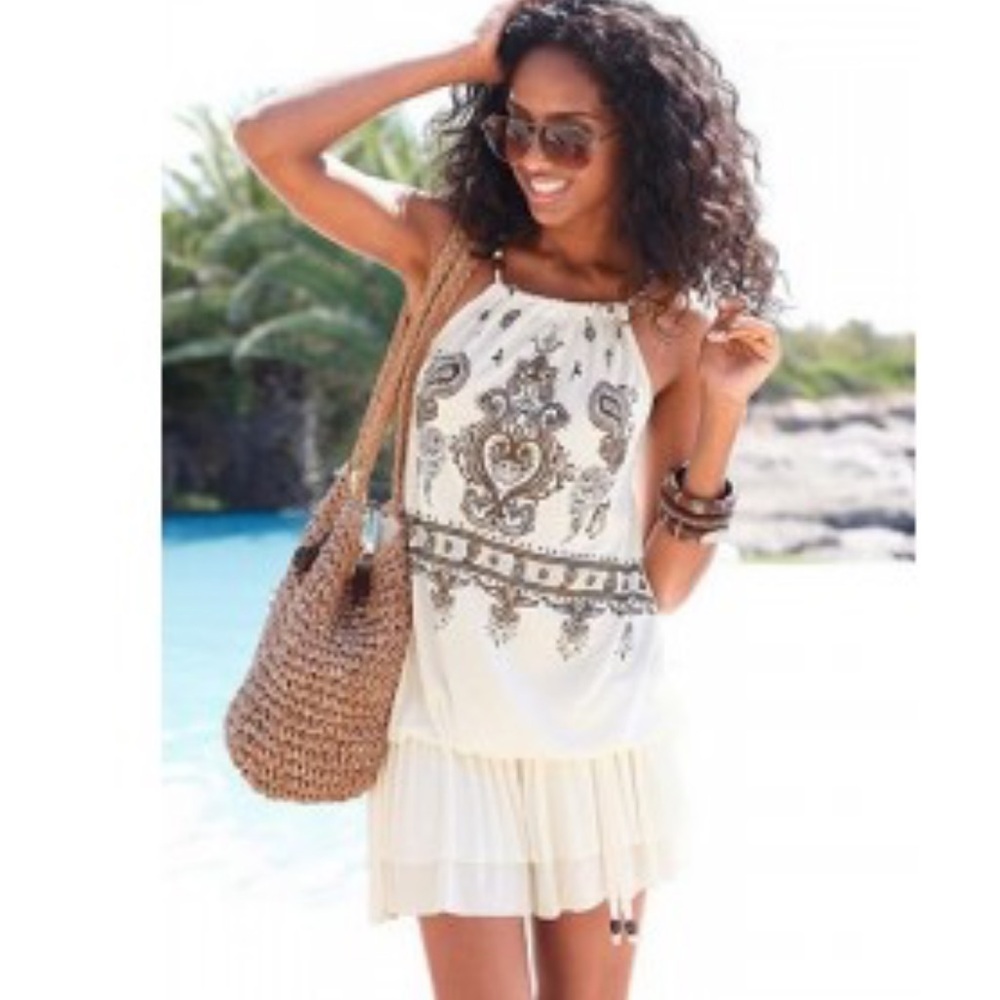 Women’s Cream Tribal Halter Beach Dress